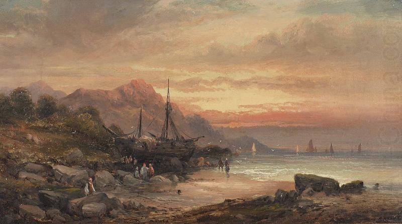 Coastal scene with islet and fishing folk, William Tomkins